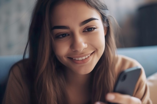 Feliz joven adolescente revisando las redes sociales en el teléfono móvil Sonriente joven mujer latina usando la aplicación de compras en línea y ordenando la entrega Generar Ai