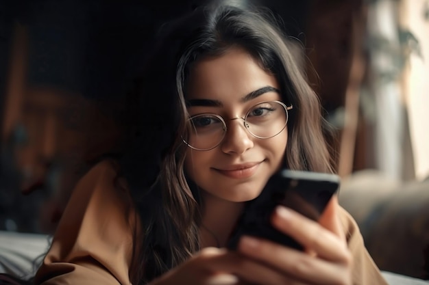 Feliz joven adolescente revisando las redes sociales en el teléfono móvil Sonriente joven mujer latina usando la aplicación de compras en línea y ordenando la entrega Generar Ai