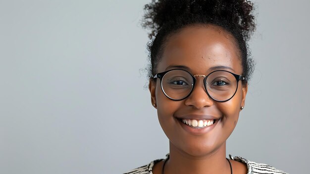 Feliz joven afroamericana con el cabello rizado usando gafas y sonriendo a la cámara