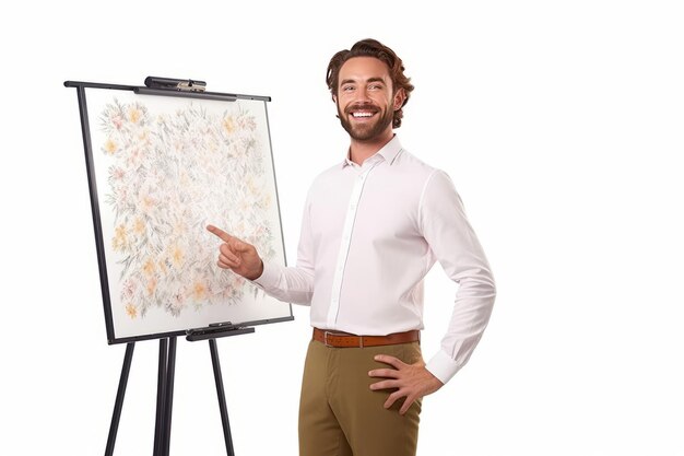 Foto un feliz joven y apuesto profesor centrado en enseñar y escribir en pizarra