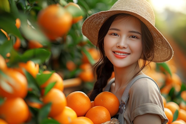 feliz joven asiática mujer trabajadora cosecha mandarinas naranjas maduras en una canasta en una plantación en una granja en el jardín