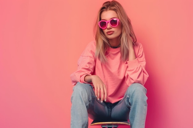 Feliz joven atractiva con gafas de sol sentada en una patineta sobre un fondo rosa