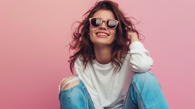 Feliz joven atractiva con gafas de sol sentada en una patineta sobre un fondo rosa