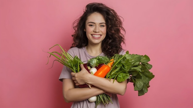 Foto feliz joven de cabello rizado abraza un ramo de verduras frescas recogidas de su propio jardín sonriendo