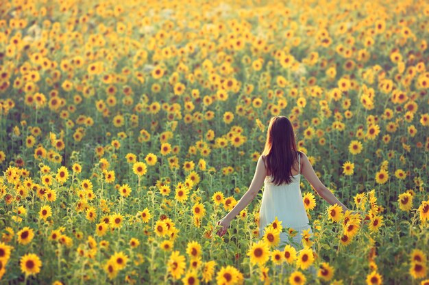 Feliz joven en un campo de girasoles, vista desde la espalda