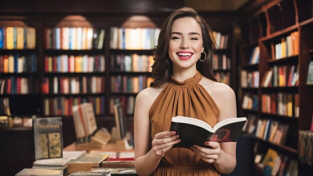 Feliz joven caucásica alegre en elegante vestido marrón de pie dentro de la librería vintage tienda