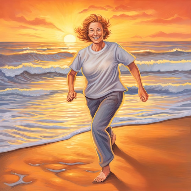 Feliz joven corriendo en la playa al atardecer ilustración vectorial