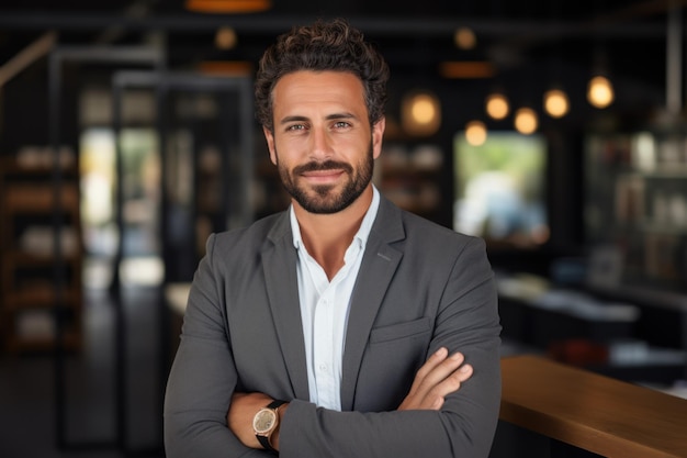 Feliz joven empresario latino mirando una cámara en el retrato de la oficina