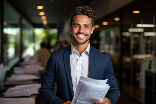 Feliz joven empresario latino revisando documentos financieros en la oficina