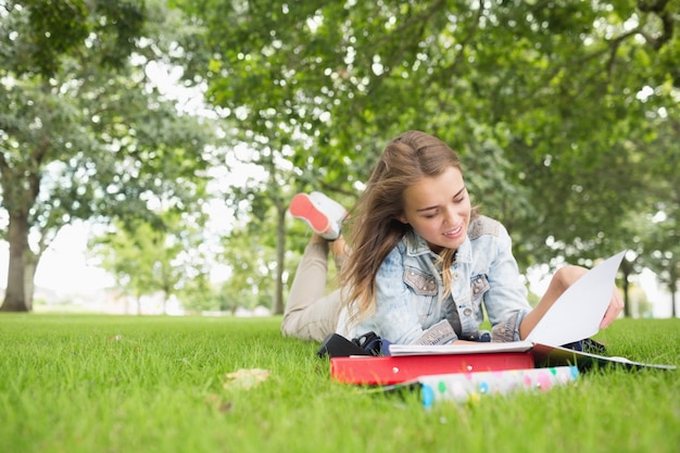 Feliz joven estudiante estudiando en la hierba