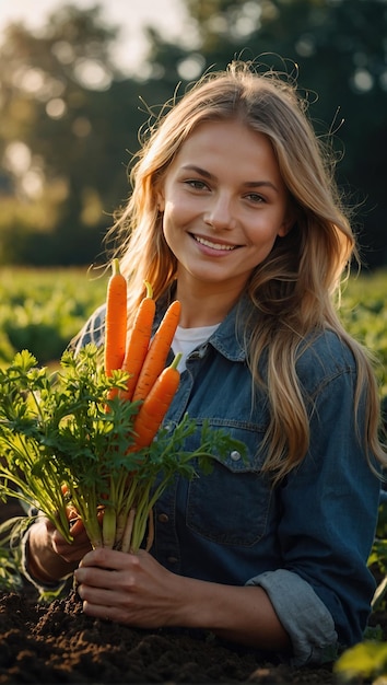 Feliz joven granjera sosteniendo frescas y hermosas zanahorias naranjas que crecen en el suelo fértil en la cama de la granja