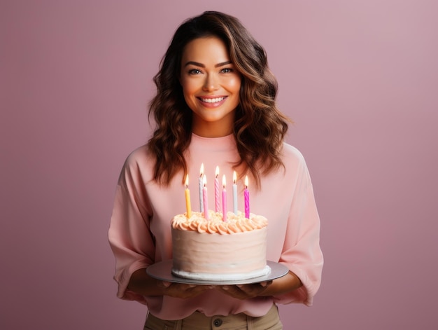 Foto feliz joven hermosa mujer sosteniendo un gran pastel de cumpleaños con velas