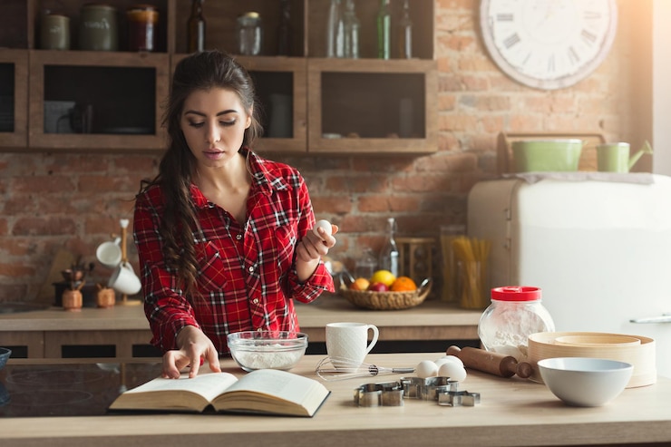 Foto feliz joven horneando pastel en la cocina tipo loft en casa, usando el libro con receta, espacio de copia