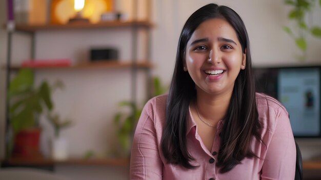 Foto feliz joven india bloguera aspirante a maestra sentada en la oficina de casa mirando a la cámara ia generativa