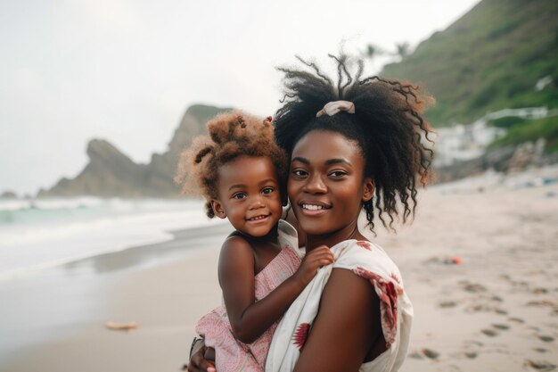 Feliz joven madre negra cargando a su hija en la playa IA generativa