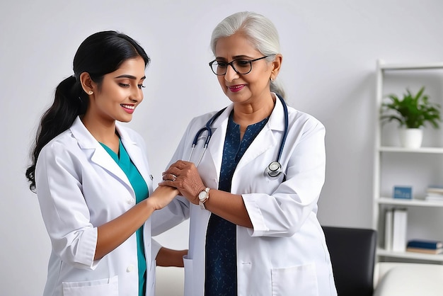 Feliz joven médico terapeuta indio en bata blanca tiene cita consultoría apoyando poner la mano en el hombro de la anciana paciente en el hospital clínica moderna concepto de atención médica