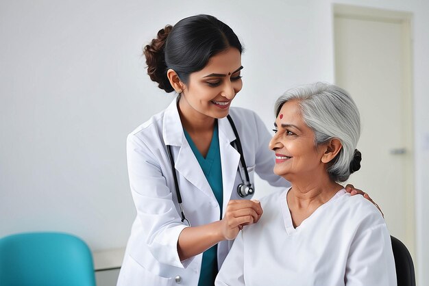 Feliz joven médico terapeuta indio con bata blanca tiene cita consultoría apoyando poner la mano en el hombro de una paciente femenina mayor en un hospital clínico moderno concepto de atención médica