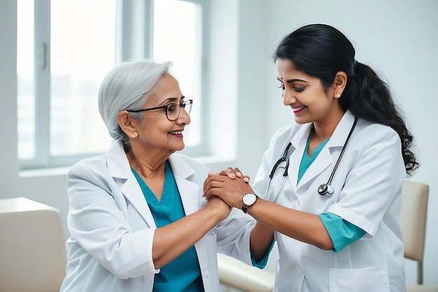 Feliz joven médico terapeuta indio con bata blanca tiene cita consultoría apoyando poner la mano en el hombro de una paciente femenina mayor en un hospital clínico moderno concepto de atención médica