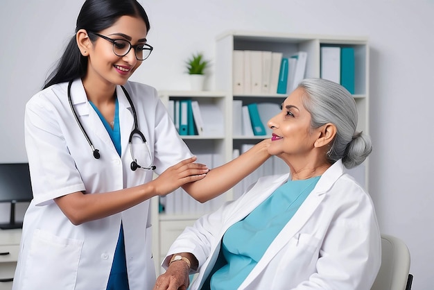 Feliz joven médico terapeuta indio con bata blanca tiene cita consultoría apoyando poner la mano en el hombro de una paciente femenina mayor en un hospital clínico moderno concepto de atención médica