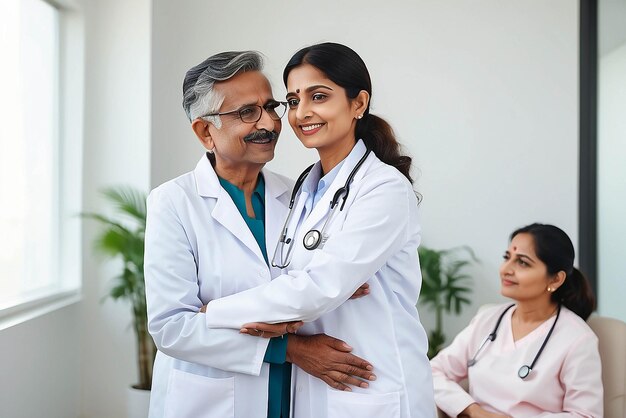 Feliz joven médico terapeuta indio con bata blanca tiene cita consultoría apoyando poner la mano en el hombro de una paciente femenina mayor en un hospital clínico moderno concepto de atención médica