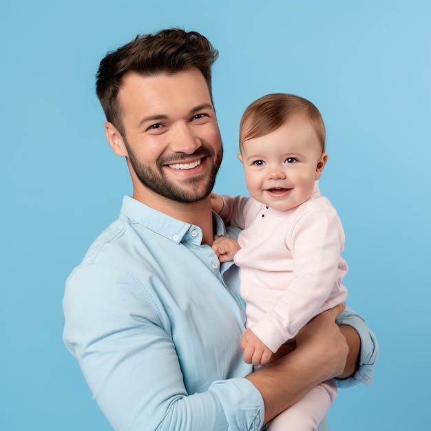 Feliz joven padre sosteniendo un lindo bebé sonriente