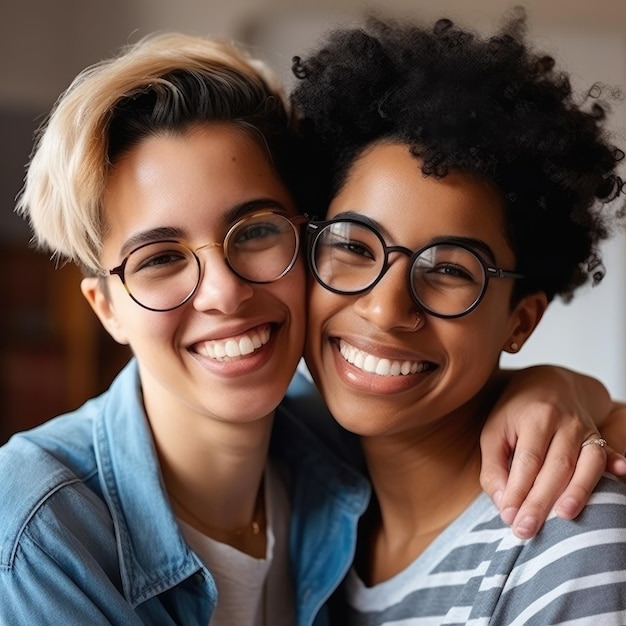 feliz, joven, pareja lesbiana, retrato