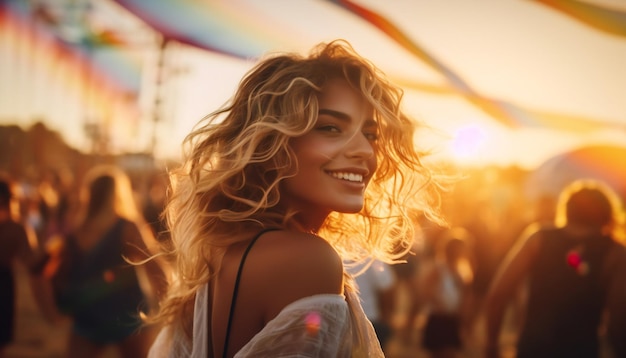 Feliz joven con pelo rizado pasando un buen rato en un festival de música