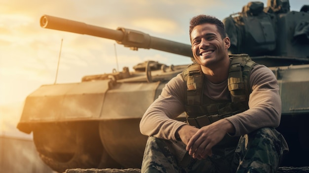 Feliz joven soldado sonriendo alegremente