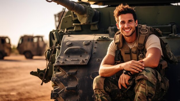 Feliz joven soldado sonriendo alegremente