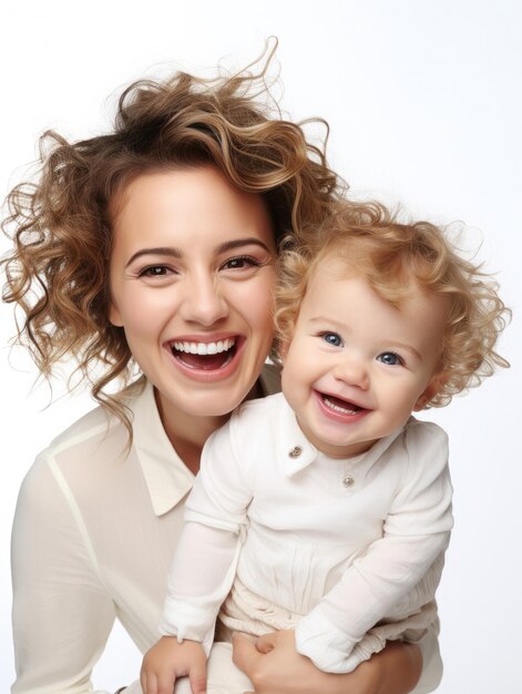 Feliz joven sonriente divirtiéndose con una linda niña de fondo blanco