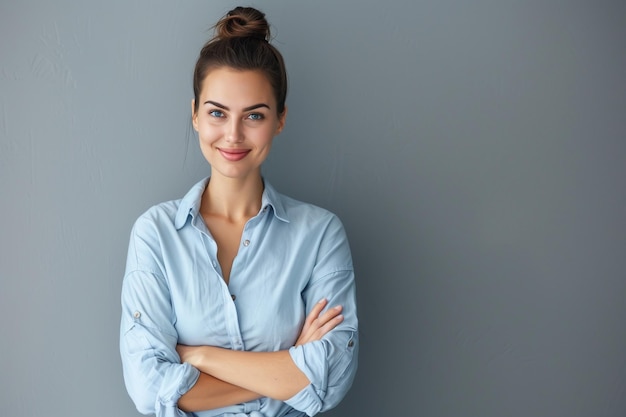 Feliz joven sonriente segura mujer de negocios profesional con camisa azul mujer bastante elegante