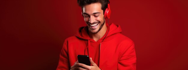 Feliz joven sonriente usando su teléfono sobre un fondo de color.