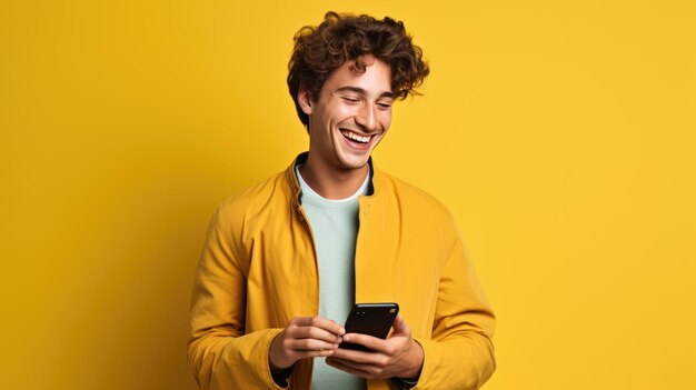 Feliz joven sonriente usando su teléfono sobre un fondo de color