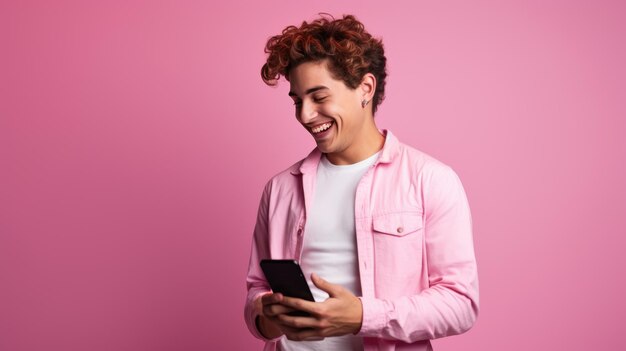 Feliz joven sonriente usando su teléfono sobre un fondo de color