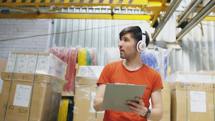 Foto feliz joven trabajador en almacén industrial escuchando música durante el trabajo