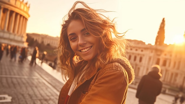 Feliz joven turista tomando selfie frente al hito de Roma Italia