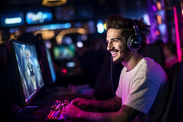 Un feliz jugador con auriculares está usando una computadora por la noche con IA generativa