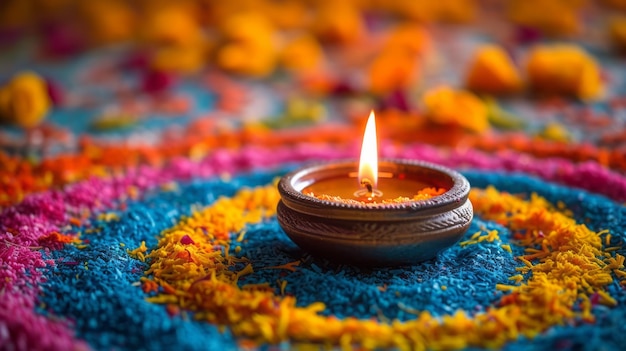 Feliz lámpara de aceite de Diwali en el colorido rangoli