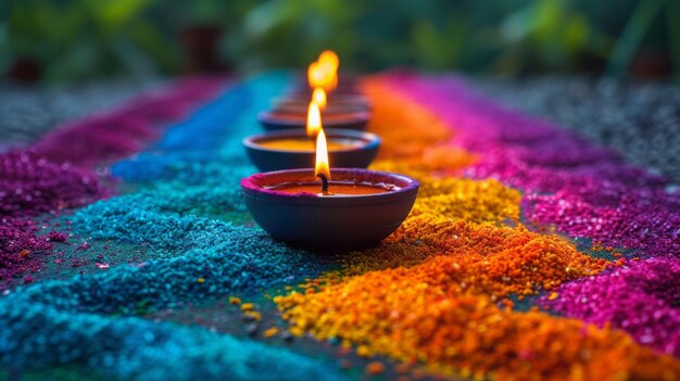 Feliz lámpara de aceite de Diwali en el colorido rangoli