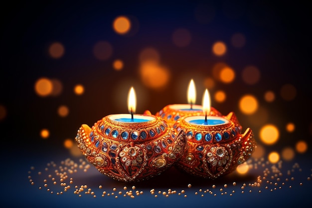 Feliz lámpara de aceite de Diwali en papel tapiz en blanco de fondo bokeh