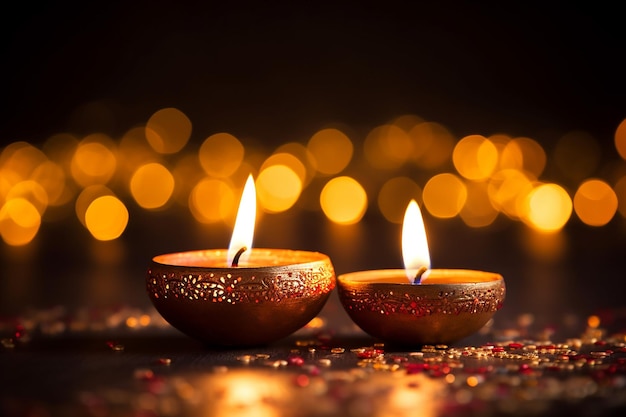 Feliz lámpara de aceite de Diwali en papel tapiz en blanco de fondo bokeh