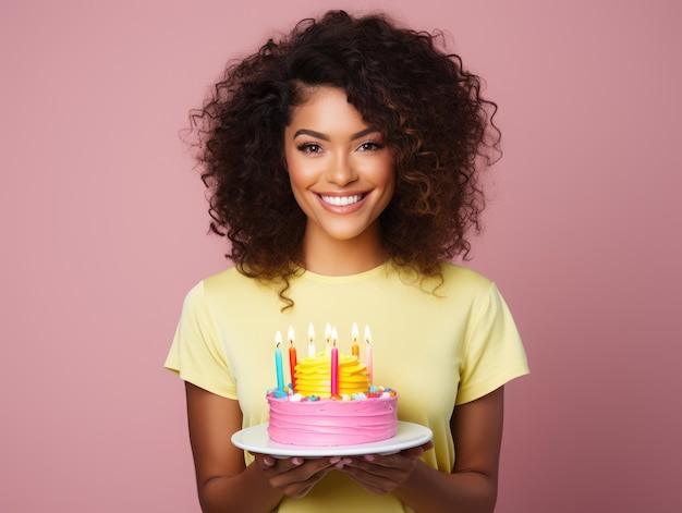 Feliz linda mulher de pele negra segurando um grande bolo de aniversário com velas