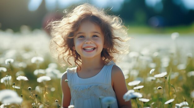 Foto feliz y linda niña en el prado en flor en un soleado día de verano ia generativa