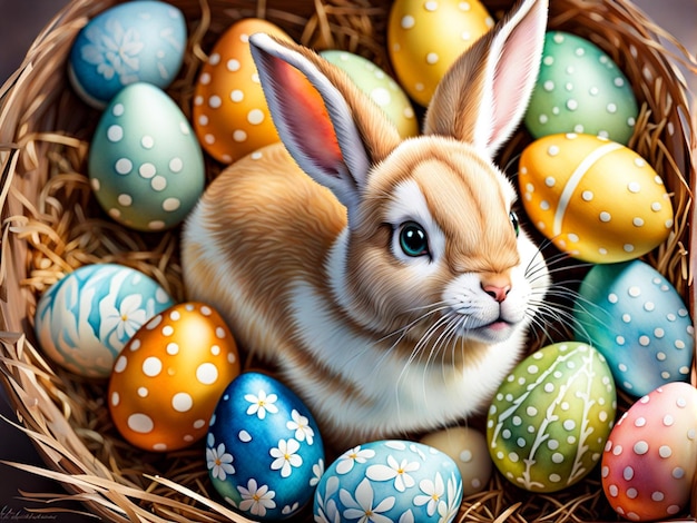 Feliz y linda Pascua, joven y sonriente, conejo bruja, huevos de felicitación de Pascua.