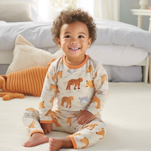 Feliz lindo adorable niño pequeño pijama de niño de 3 años sentado en la cama después de dormir la siesta sonriendo alegre