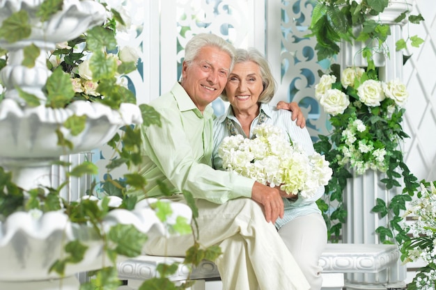 Feliz lindo casal sênior posando em casa