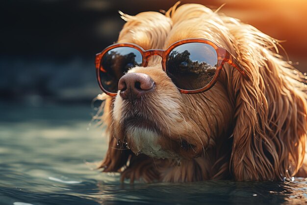 feliz lindo divertido bastante hermoso perros cachorro perrito mascota mejor amigo nadando en la piscina o el mar usar gafas de sol vueltas de agua húmedo humor alegre disfrute jugando sonriendo playa de luz solar