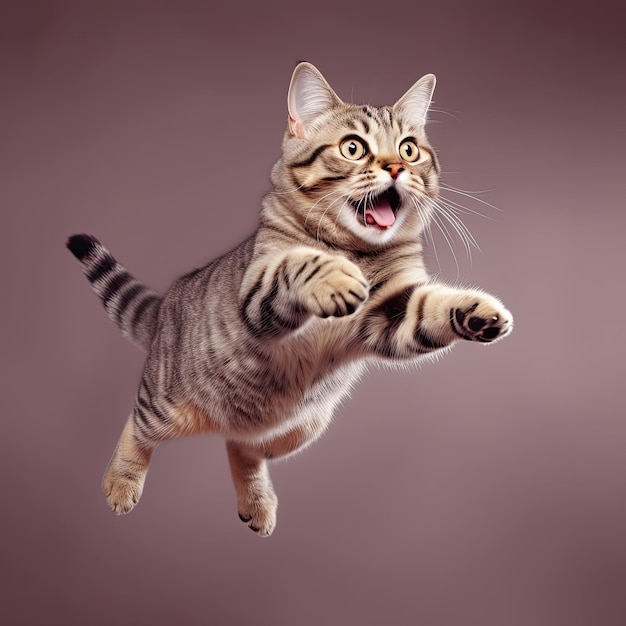 Feliz lindo gato atigrado gris saltando sobre fondo sólido aislado