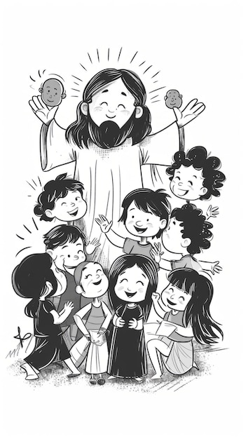 Foto feliz y lindo jesucristo rodeado de niños en estilo de ilustración para niños