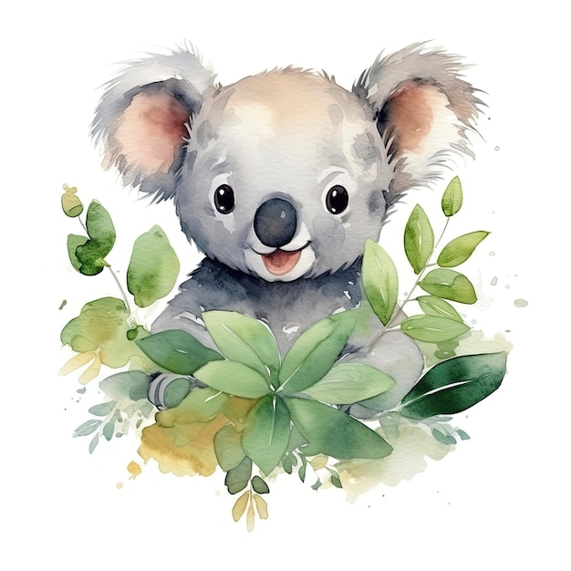 Feliz lindo koala en hojas al estilo acuarela sobre fondo blanco